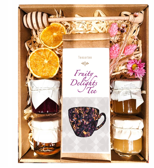 Gift Basket with Flowers, Honey, Tea, and Jam